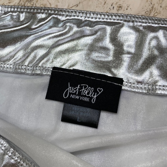 Just Polly Skirt Large Shiny Silver Metallic Side Slit Mini - Picture 2 of 5